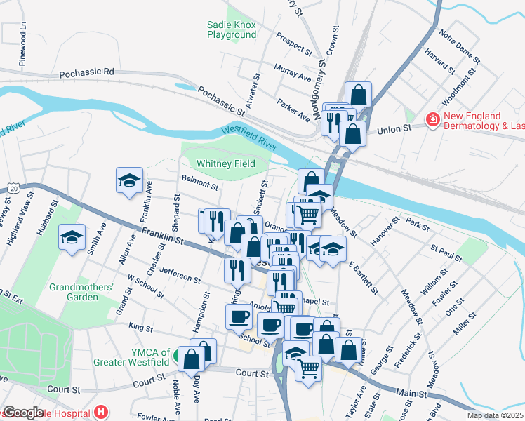 map of restaurants, bars, coffee shops, grocery stores, and more near 5 Sackett St in Westfield