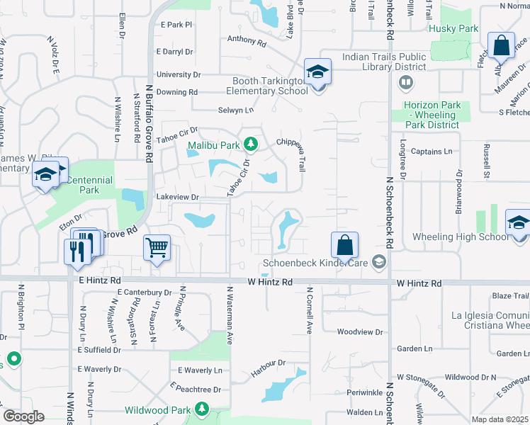 map of restaurants, bars, coffee shops, grocery stores, and more near 640 Ash Lane in Wheeling