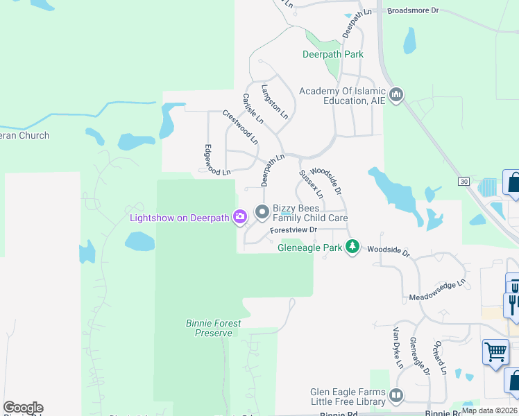 map of restaurants, bars, coffee shops, grocery stores, and more near 2925 Deerpath Lane in Carpentersville