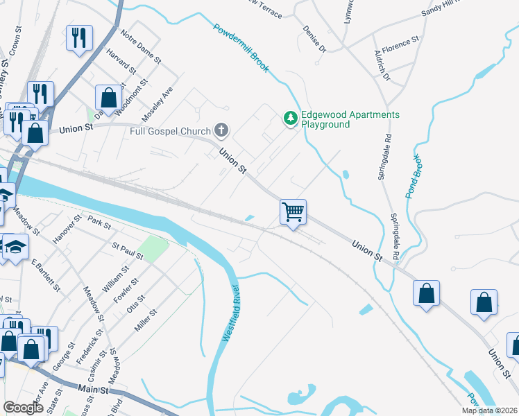 map of restaurants, bars, coffee shops, grocery stores, and more near 139 Union Street in Westfield