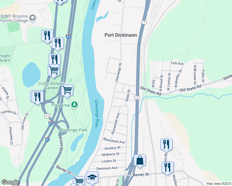 map of restaurants, bars, coffee shops, grocery stores, and more near 654 Chenango St in Binghamton
