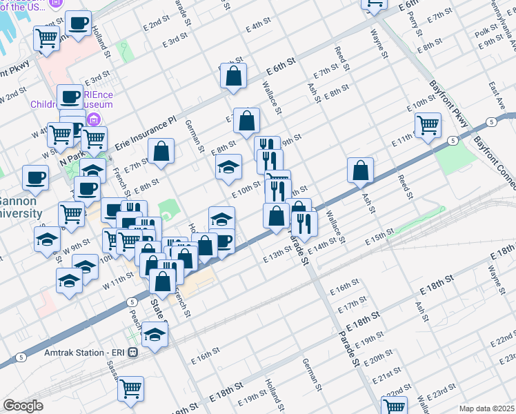 map of restaurants, bars, coffee shops, grocery stores, and more near 340 East 11th Street in Erie