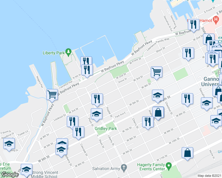 map of restaurants, bars, coffee shops, grocery stores, and more near 624 West 3rd Street in Erie