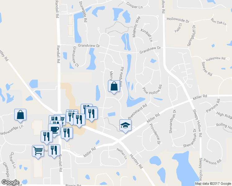 map of restaurants, bars, coffee shops, grocery stores, and more near 3105 Merrywell Court in Carpentersville