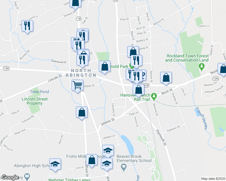 map of restaurants, bars, coffee shops, grocery stores, and more near 125 North Avenue in Abington