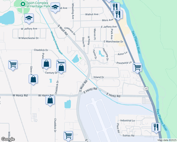 map of restaurants, bars, coffee shops, grocery stores, and more near 730 South Wolf Road in Wheeling