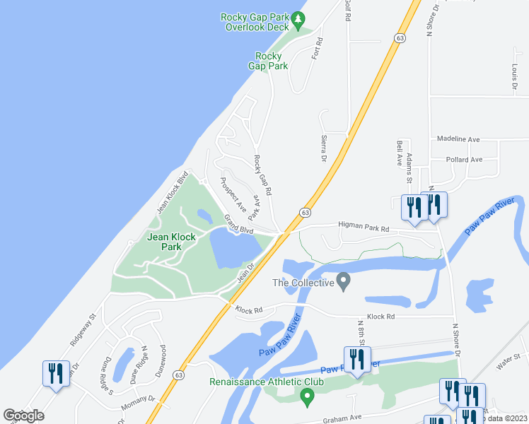 map of restaurants, bars, coffee shops, grocery stores, and more near 102 Higman Park Hill in Benton Harbor