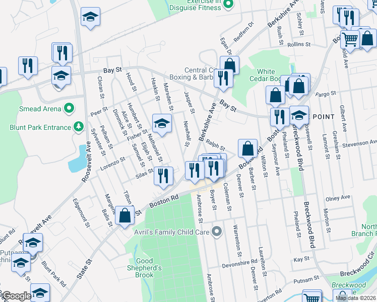 map of restaurants, bars, coffee shops, grocery stores, and more near 17 Newhall Street in Springfield