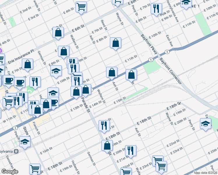 map of restaurants, bars, coffee shops, grocery stores, and more near 542 East 13th Street in Erie