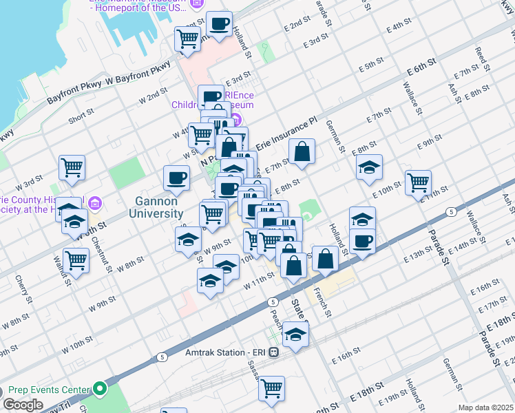 map of restaurants, bars, coffee shops, grocery stores, and more near 801 State Street in Erie