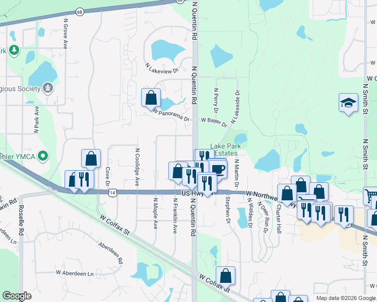 map of restaurants, bars, coffee shops, grocery stores, and more near 900 North Quentin Road in Palatine