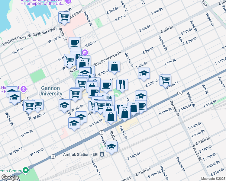map of restaurants, bars, coffee shops, grocery stores, and more near 809 French Street in Erie
