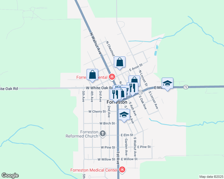 map of restaurants, bars, coffee shops, grocery stores, and more near 101 2nd Avenue in Forreston