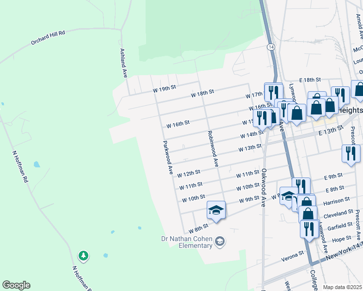 map of restaurants, bars, coffee shops, grocery stores, and more near 272 West 14th Street in Elmira Heights