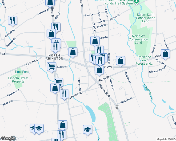 map of restaurants, bars, coffee shops, grocery stores, and more near 171 Adams Street in Abington