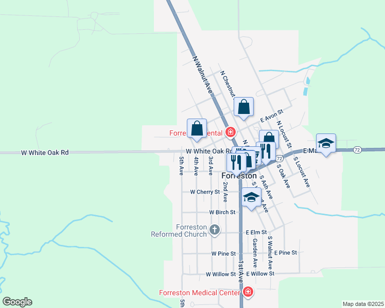 map of restaurants, bars, coffee shops, grocery stores, and more near 102 4th Avenue in Forreston