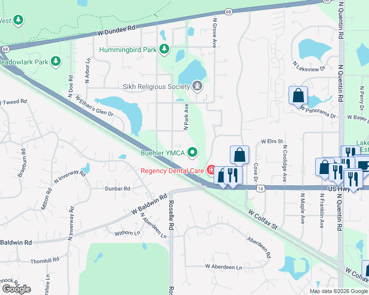 map of restaurants, bars, coffee shops, grocery stores, and more near 1351 West Deer Court in Palatine
