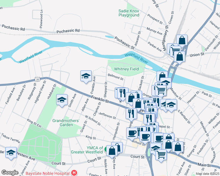 map of restaurants, bars, coffee shops, grocery stores, and more near 17 Lincoln Street in Westfield