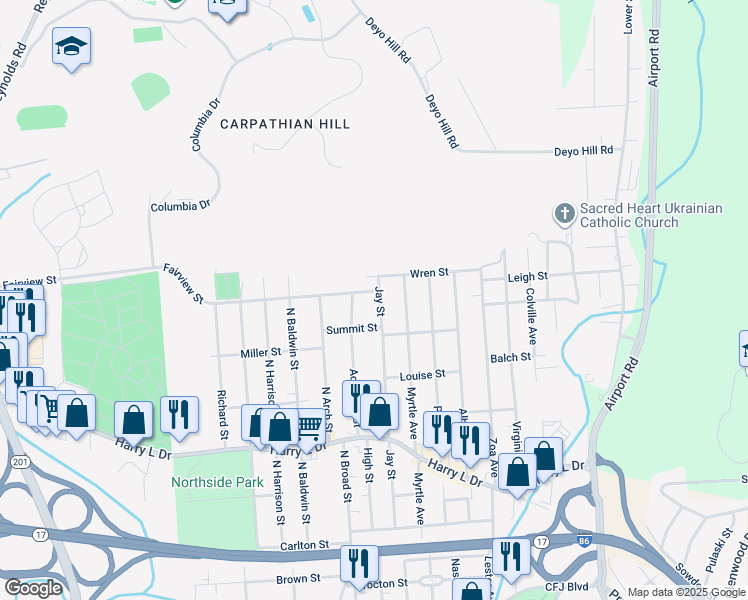 map of restaurants, bars, coffee shops, grocery stores, and more near 213 Jay St in Johnson City