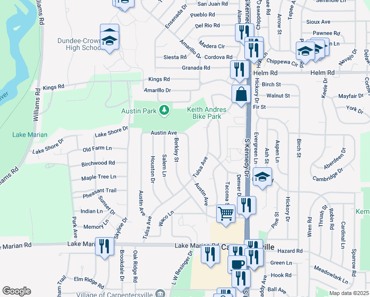 map of restaurants, bars, coffee shops, grocery stores, and more near 55 Austin Avenue in Carpentersville