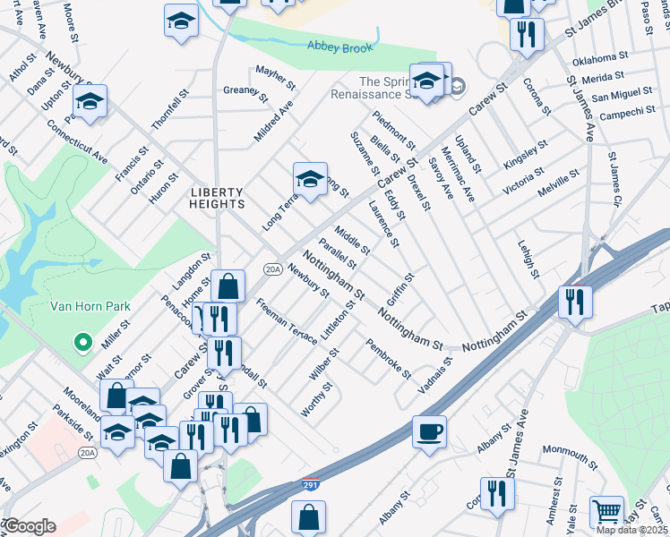 map of restaurants, bars, coffee shops, grocery stores, and more near 375 Nottingham St in Springfield