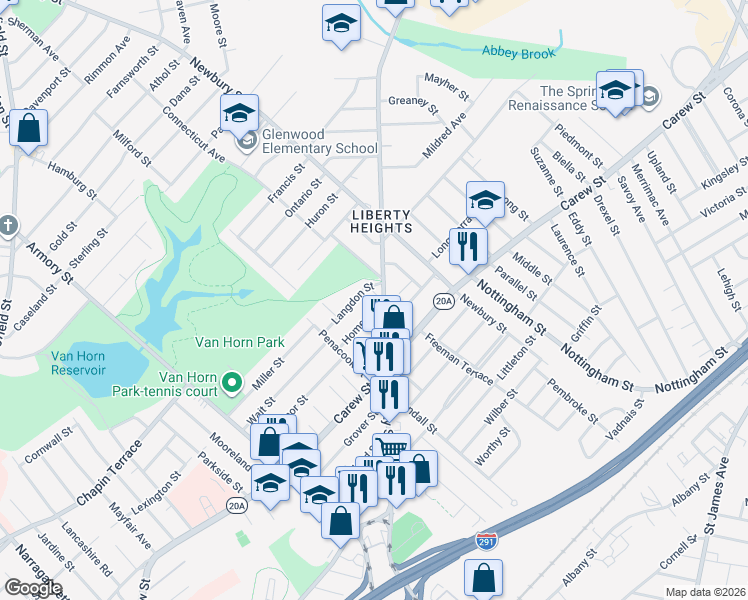 map of restaurants, bars, coffee shops, grocery stores, and more near 70-72 Home Street in Springfield