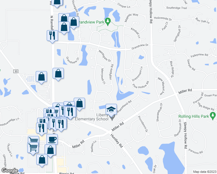 map of restaurants, bars, coffee shops, grocery stores, and more near 3103 Merrywell Court in Carpentersville