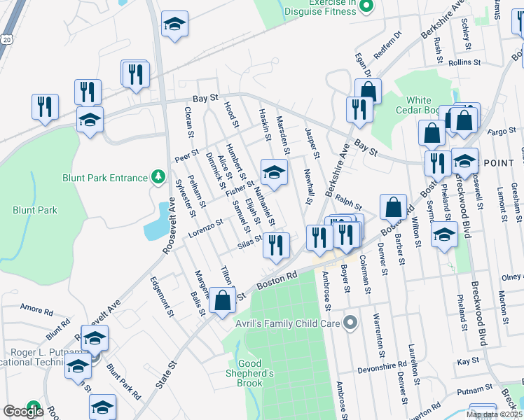 map of restaurants, bars, coffee shops, grocery stores, and more near 40 Nathaniel Street in Springfield