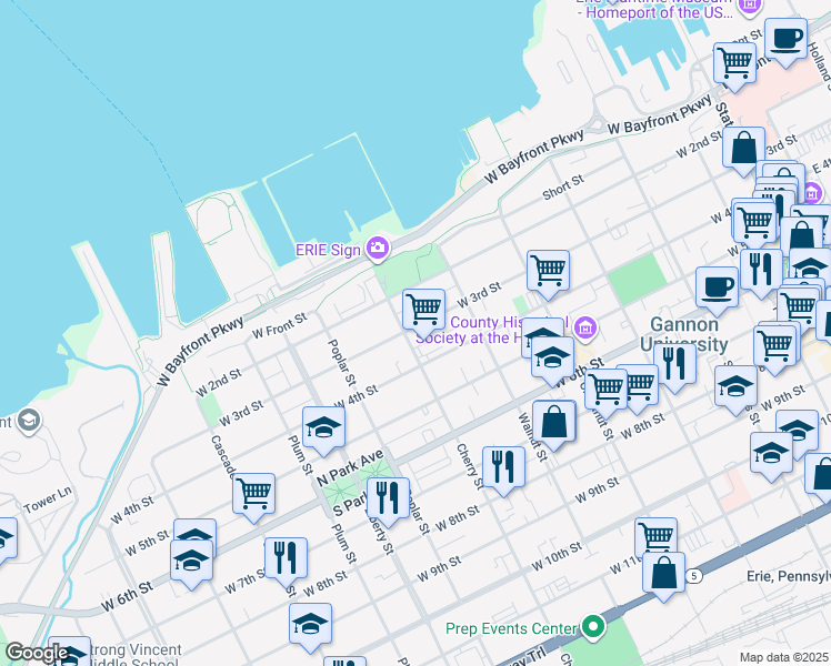map of restaurants, bars, coffee shops, grocery stores, and more near 557 West 3rd Street in Erie
