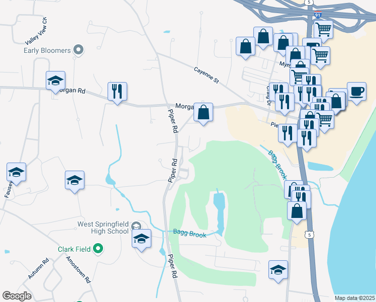map of restaurants, bars, coffee shops, grocery stores, and more near 22 Shady Brook in West Springfield