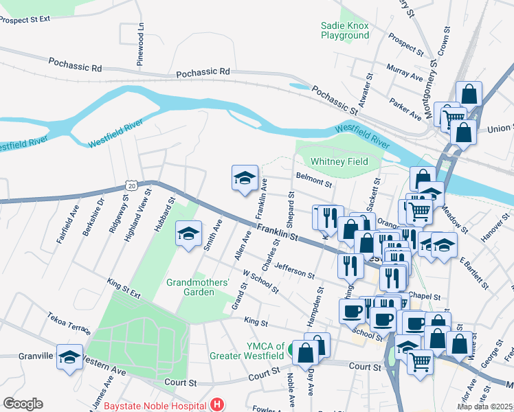 map of restaurants, bars, coffee shops, grocery stores, and more near 10 Franklin Avenue in Westfield
