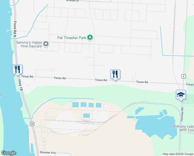 map of restaurants, bars, coffee shops, grocery stores, and more near 262 Texas Road in Amherstburg