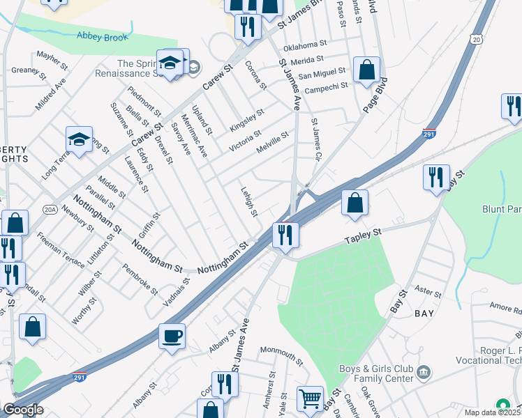 map of restaurants, bars, coffee shops, grocery stores, and more near 54 Porter Street in Springfield