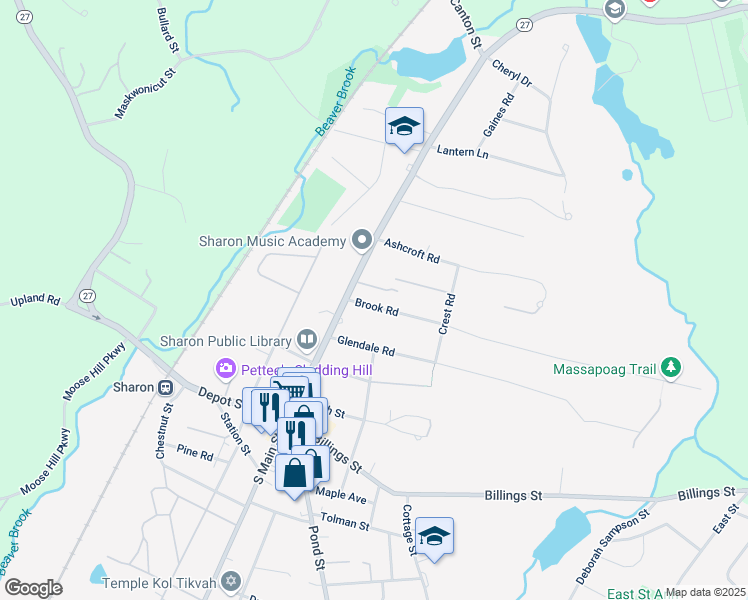 map of restaurants, bars, coffee shops, grocery stores, and more near 12 Brook Road in Sharon