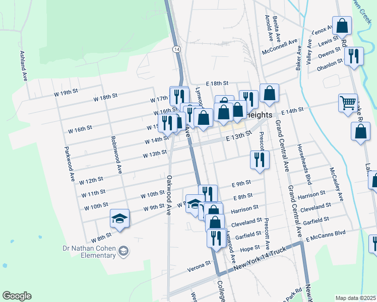 map of restaurants, bars, coffee shops, grocery stores, and more near 2145 College Avenue in Elmira