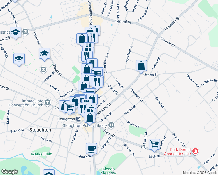 map of restaurants, bars, coffee shops, grocery stores, and more near 35 Union Street in Stoughton