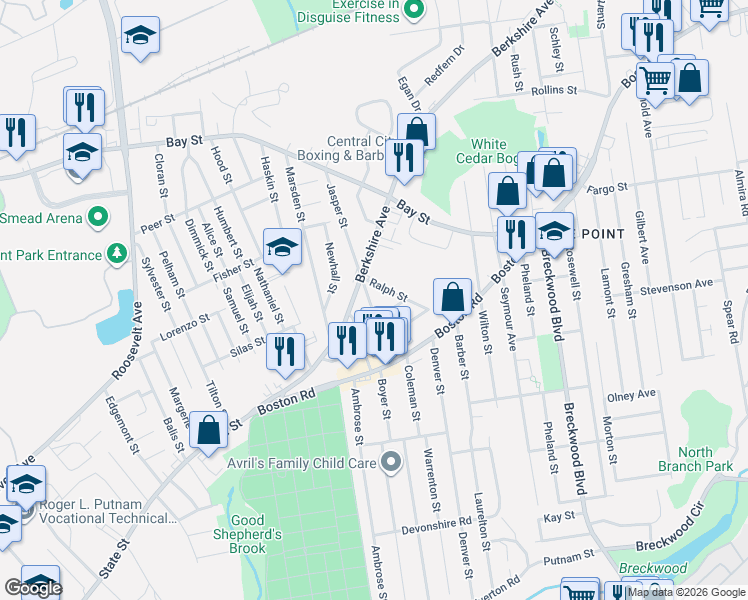 map of restaurants, bars, coffee shops, grocery stores, and more near 73 Jasper Street in Springfield