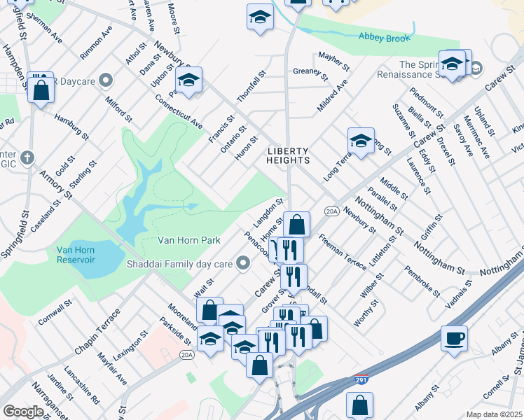 map of restaurants, bars, coffee shops, grocery stores, and more near 44-46 Langdon Street in Springfield