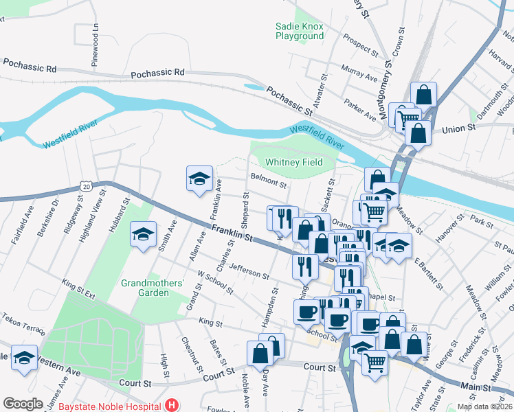 map of restaurants, bars, coffee shops, grocery stores, and more near 17 Lincoln Street in Westfield