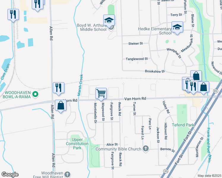 map of restaurants, bars, coffee shops, grocery stores, and more near 18500 Van Horn Road in Woodhaven