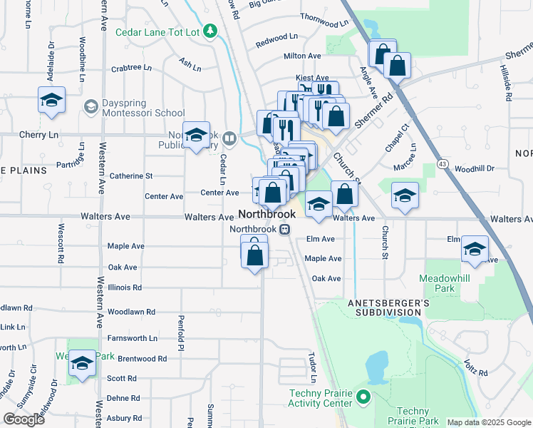 map of restaurants, bars, coffee shops, grocery stores, and more near in Northbrook