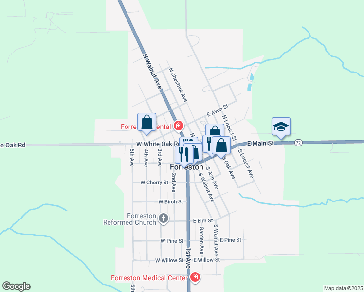 map of restaurants, bars, coffee shops, grocery stores, and more near 101 2nd Avenue in Forreston