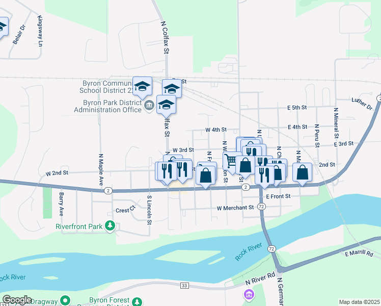 map of restaurants, bars, coffee shops, grocery stores, and more near 230 North Lafayette Street in Byron
