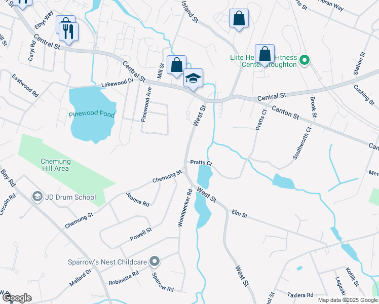 map of restaurants, bars, coffee shops, grocery stores, and more near 126 West Street in Stoughton