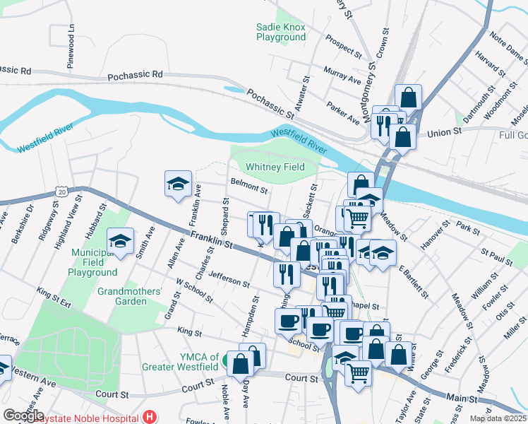 map of restaurants, bars, coffee shops, grocery stores, and more near 26 Kellogg Street in Westfield