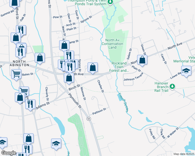 map of restaurants, bars, coffee shops, grocery stores, and more near 223 Birch Street in Abington