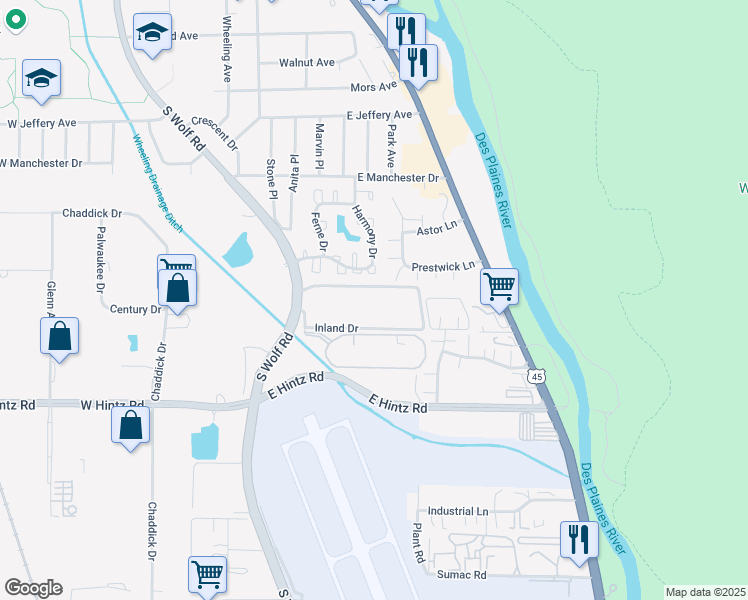 map of restaurants, bars, coffee shops, grocery stores, and more near 403 Inland Drive in Wheeling