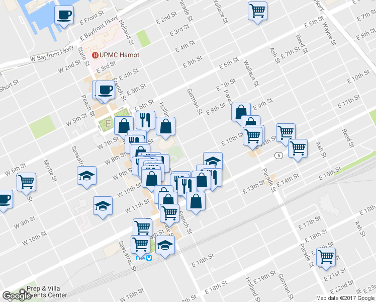 map of restaurants, bars, coffee shops, grocery stores, and more near 917 Holland Street in Erie