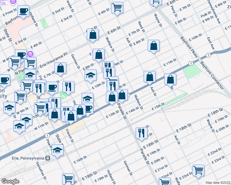 map of restaurants, bars, coffee shops, grocery stores, and more near 1107 Parade St in Erie