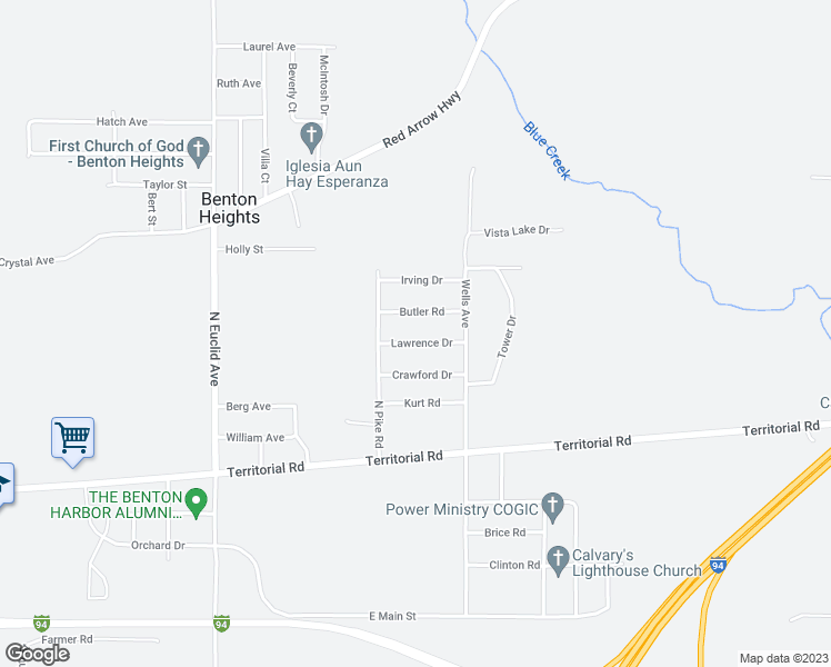 map of restaurants, bars, coffee shops, grocery stores, and more near 2431 Lawrence Drive in Benton Harbor